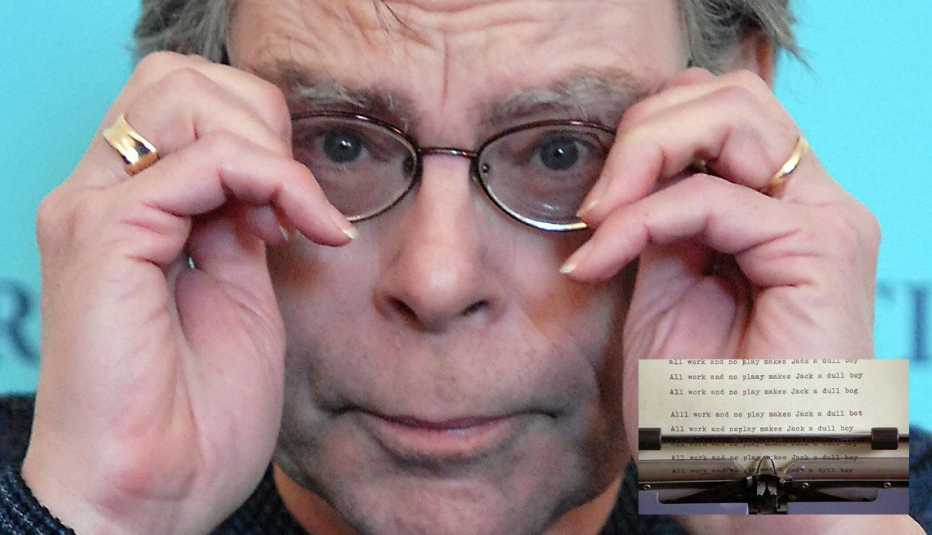 Writer Stephen King With Inset Of A Still Of The Typewriter From The Movie The Shining, AARP Entertainment, How Celebrities Face Their Worst Fears 