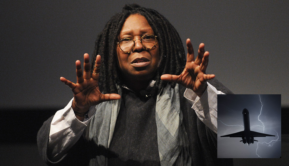Actress And Comedienne Whoopi Goldberg, Inset Of An Airplane In Air With Lightning Bolt In Foreground, AARP Entertainment, How Celebrities Face Their Worst Fears 