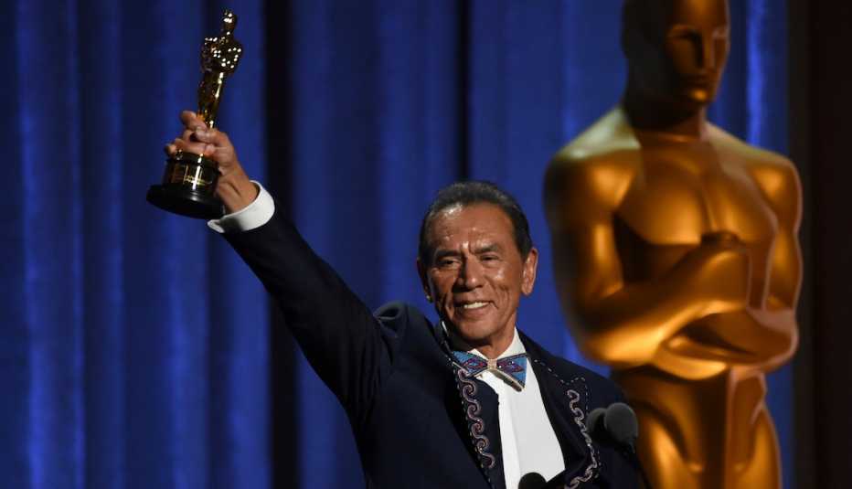 Wes Studi accepts an honorary award at the Governors Awards on Sunday, Oct. 27, 2019, at the Dolby Ballroom in Los Angeles.
