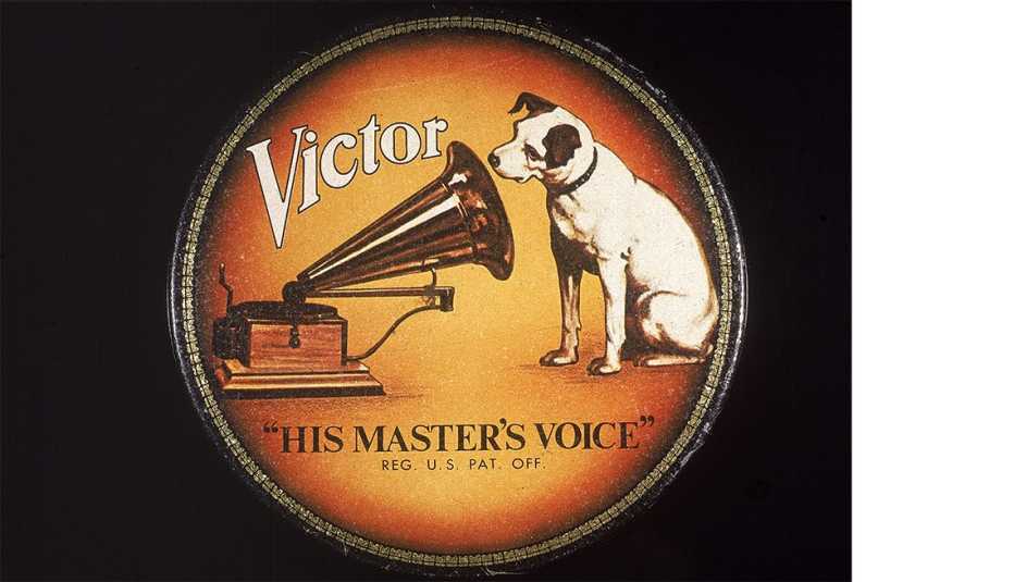 An RCA Victor record label logo showing the dog 'Nipper' listening to a gramophone and hearing 'His Master's Voice,' 