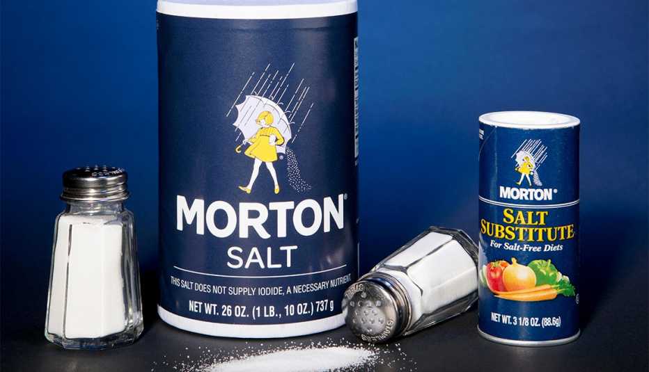 Morton Salt container next to a container of Morton Salt Substitute (made with Potassium chloride)