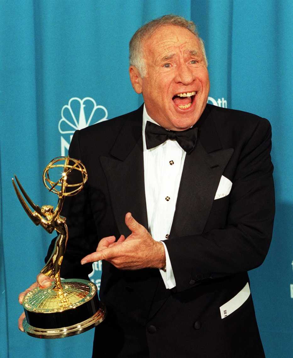 Mel Brooks points to his Emmy award after winning at the 50th Annual Primetime Emmy Awards