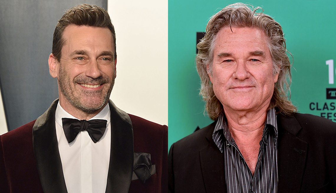 Side by side images of Jon Hamm and Kurt Russell