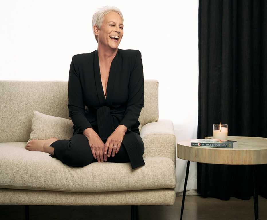 jamie lee curtis laughing in a photo shoot