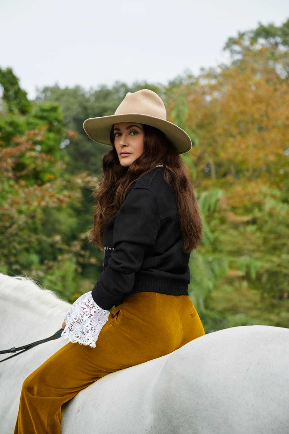 salma hayek photographed in september twenty nineteen on a horse