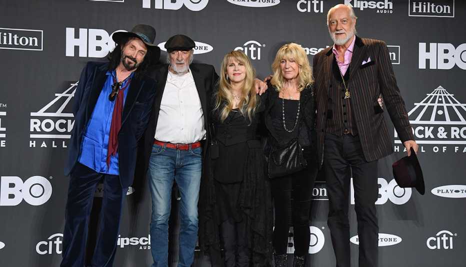 Mike Campbell, John McVie, Stevie Nicks, Christine McVie and Mick Fleetwood of Fleetwood Mac at the 2019 Rock and Roll Hall of Fame Induction Ceremony