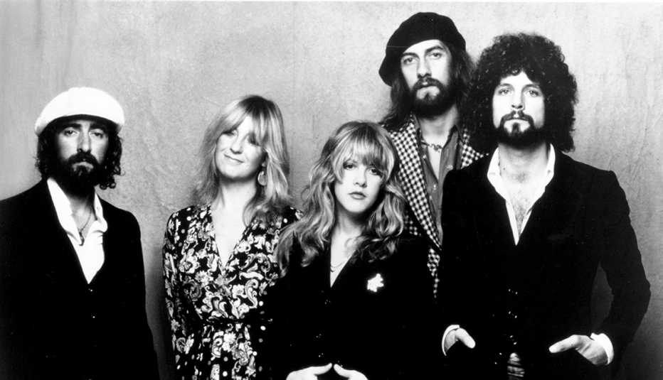 John McVie, Christine McVie, Stevie Nicks, Mick Fleetwood and Lindsey Buckingham of Fleetwood Mac pose for a group photo in 1975