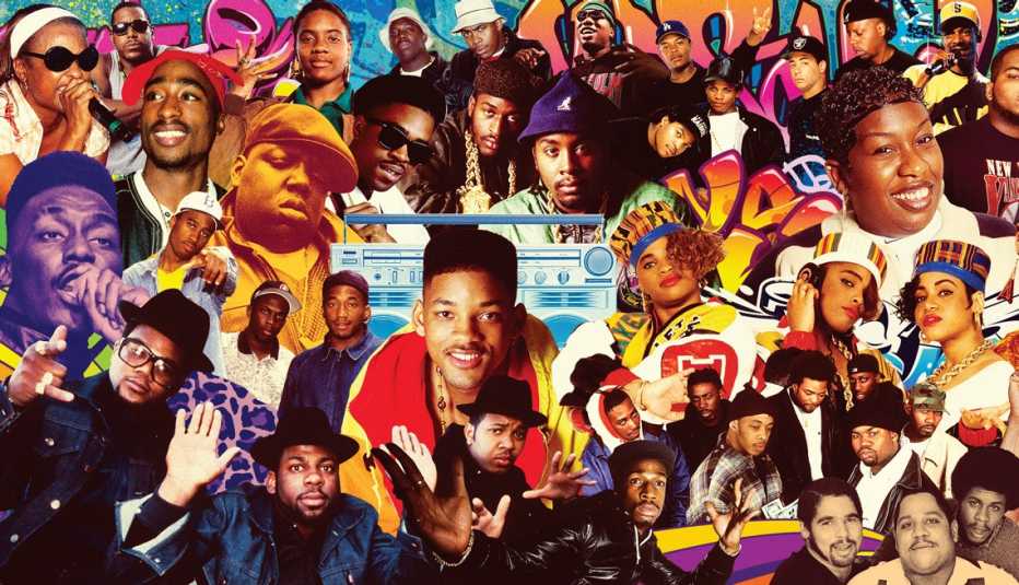 collage of dozens of the famous faces of hip hop with artists such as queen latifah, snoop dog, missy elliott, will smith, salt and pepa, jay z and many more