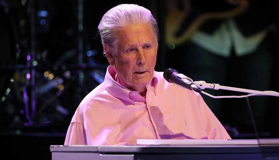 Brian Wilson playing the piano as he performs with The Brian Wilson Band at Mayo Performing Arts Center in Morristown, New Jersey