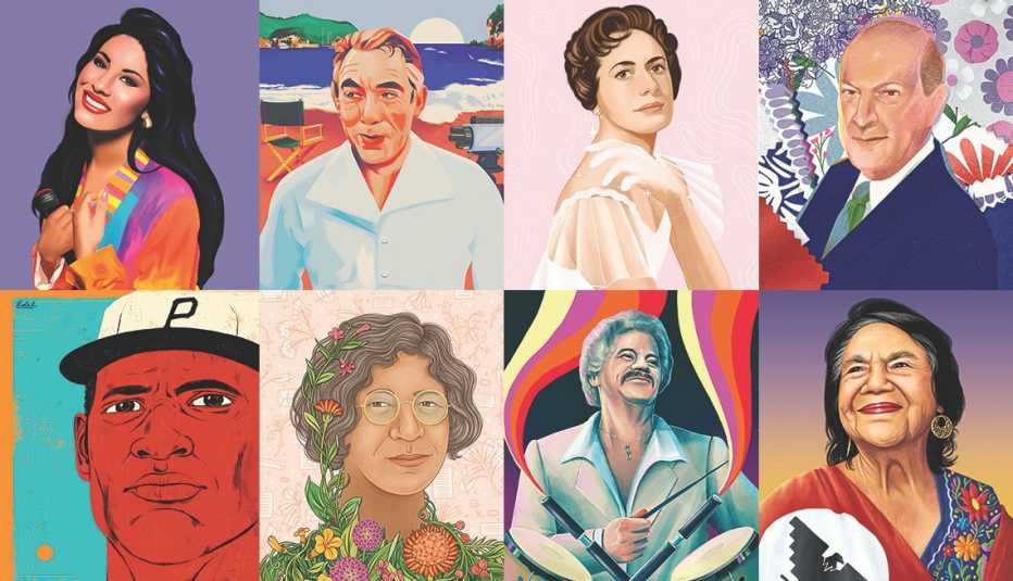 illustrated portraits of eight latin american icons who are selena anthony quinn lupe serrano oscar de la renta roberto clemente ynes mexia johnny pacheco and dolores huerta