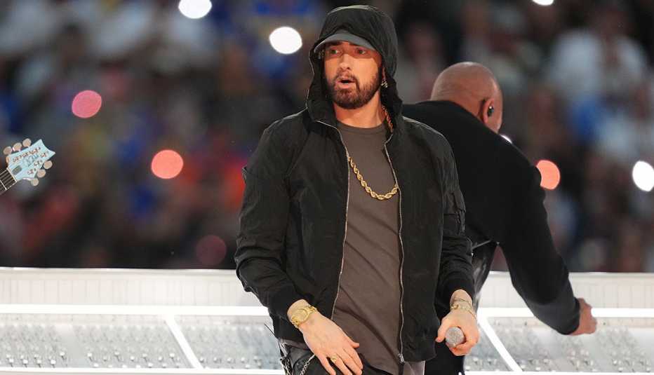 Eminem performs onstage at the Pepsi Halftime Show during Super Bowl LVI