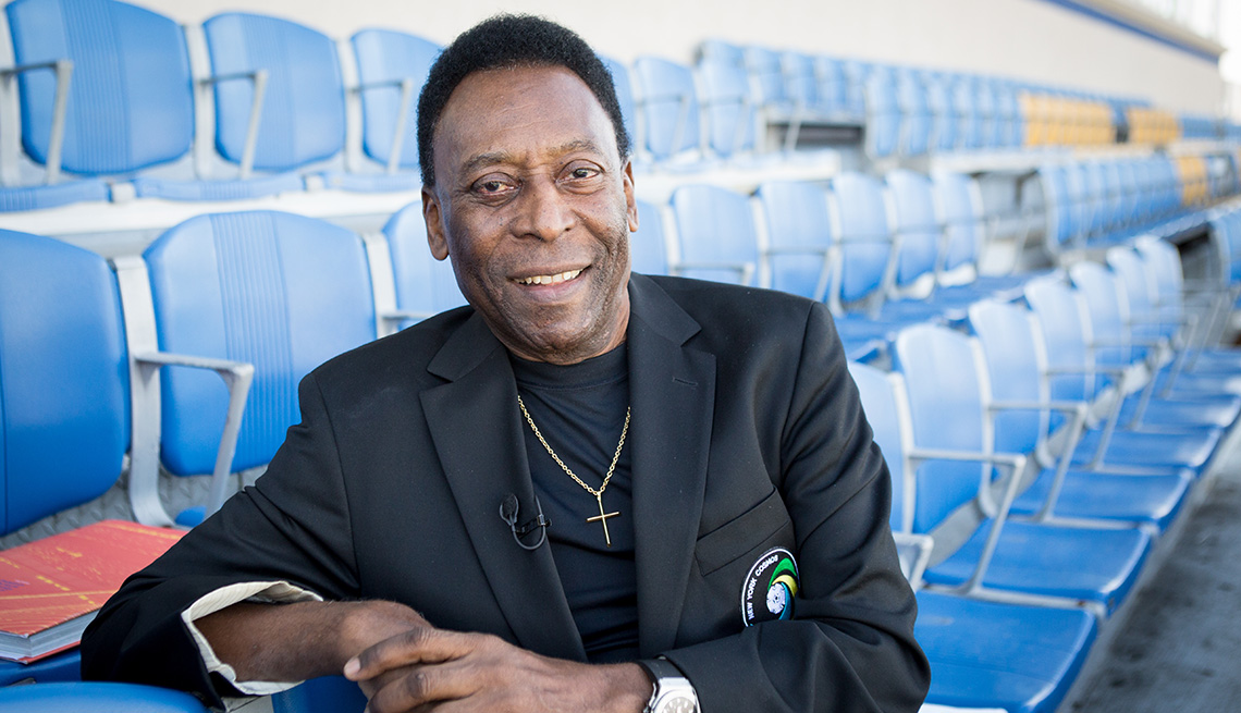 Legendary soccer player Pele sitting in the stands for a photo at James M Shuart Stadium in Hempstead, New York