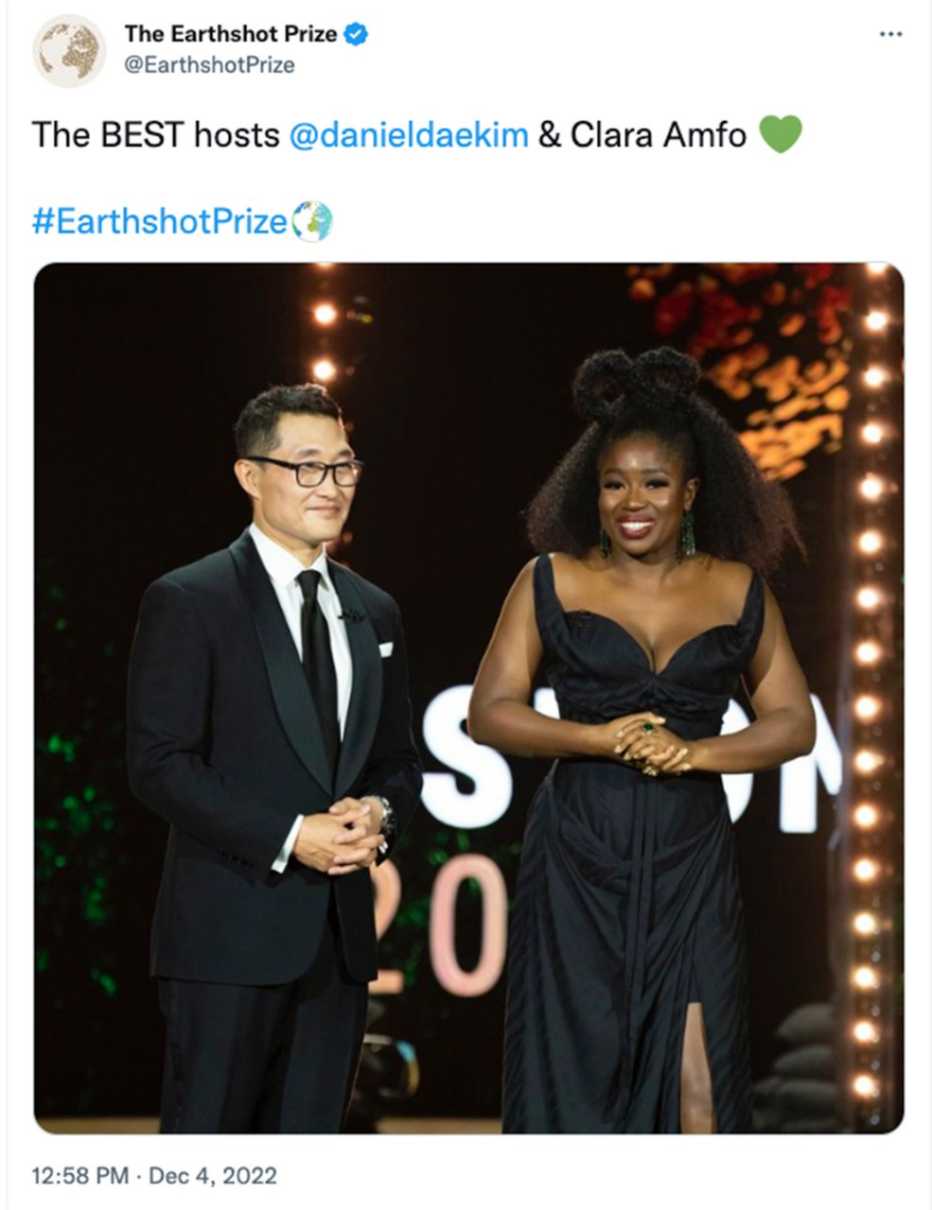 Earthshot Prize 12/4 Twitter post of 2022 awards ceremony hosts Daniel Dae Kim and Clara Amfo
