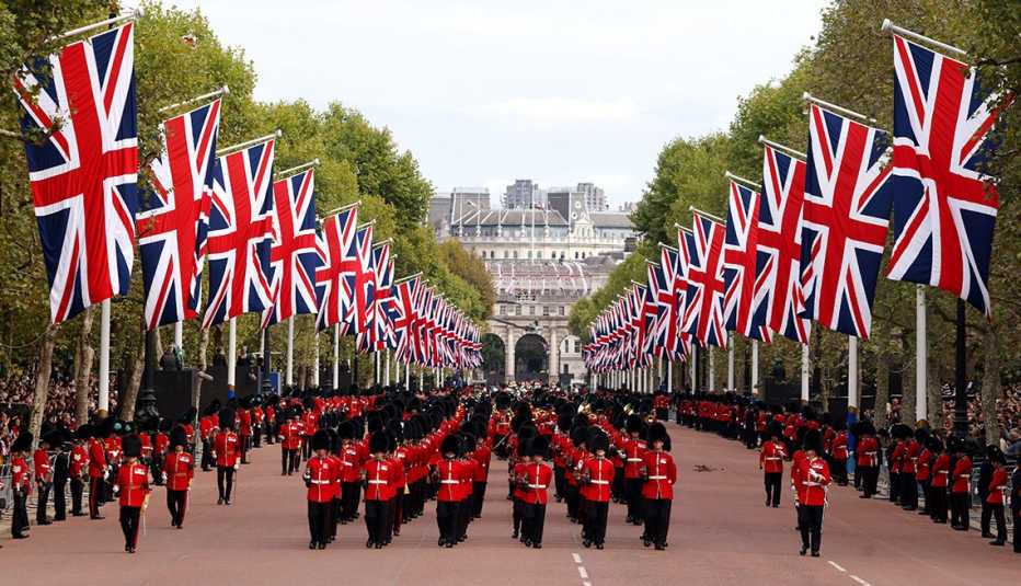 The Coldstream Guards travel along The Mall during the State Funeral for Queen Elizabeth II