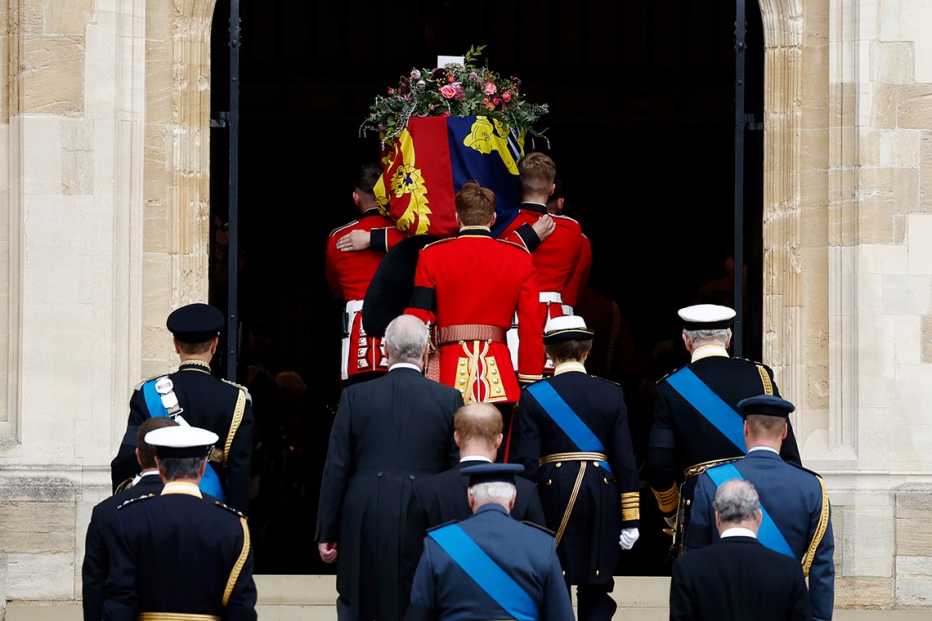 Pall bearers carry the coffin of Queen Elizabeth II into St. George's Chapel on September 19, 2022 in Windsor, England. The committal service at St George's Chapel, Windsor Castle, took place following the state funeral at Westminster Abbey. A private burial in The King George VI Memorial Chapel followed. Queen Elizabeth II died at Balmoral Castle in Scotland on September 8, 2022, and is succeeded by her eldest son, King Charles III