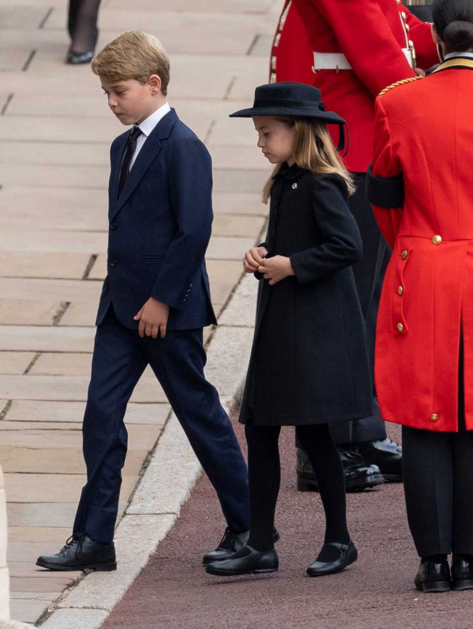 Prince George of Cornwall and Wales and Princess Charlotte of Cornwall and Wales at Windsor Castle The committal service at St George's Chapel for Queen Elizabeth II's funeral