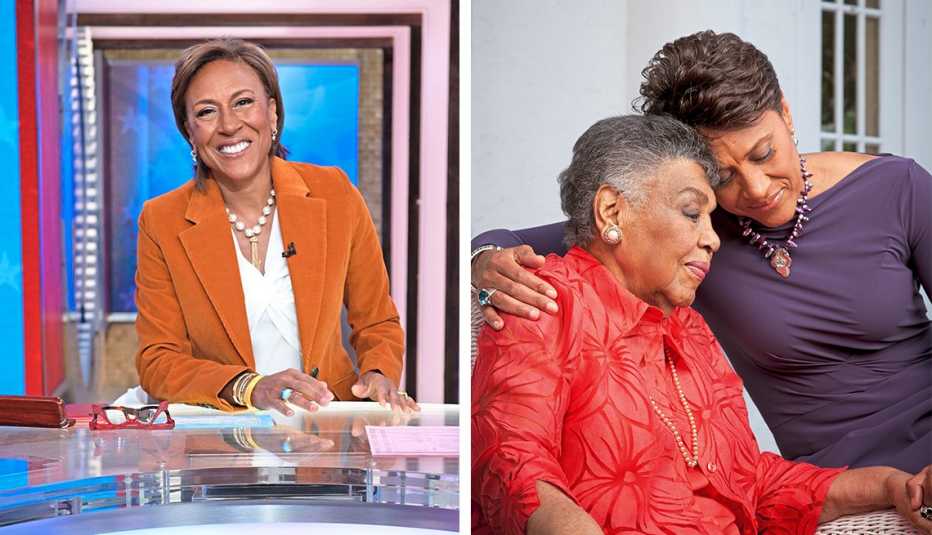 two images of robin roberts on left at her anchor desk at good morning america and on right at home with her mother