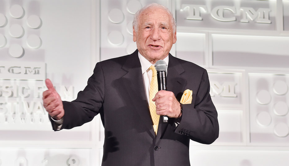 actor mel brooks speaking on stage during the fiftieth anniversary world premiere of the producers