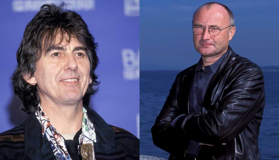 George Harrison at the 2000 Billboard Awards and Phil Collins posing for a portrait near a body of water