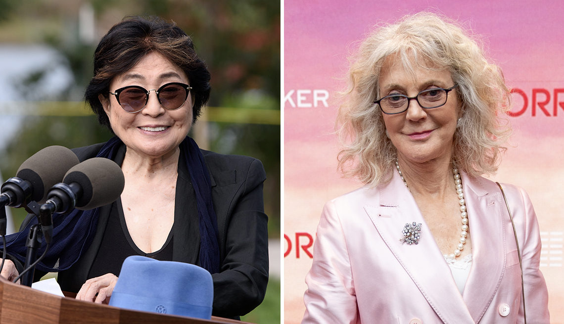 left yoko ono at jackson park in chicago illinois right blythe danner attending the tomorrow man screening in new york city new york