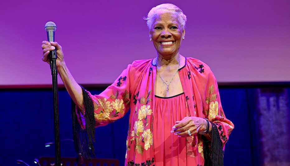 Dionne Warwick on stage next to a microphone stand during Stan Ponte's 50th Finale Birthday Celebration at City Winery NYC