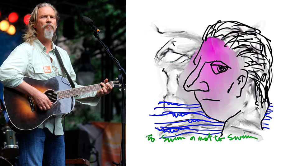 left jeff bridges playing guitar right a painting by jeff bridges titled to swim or not to swim