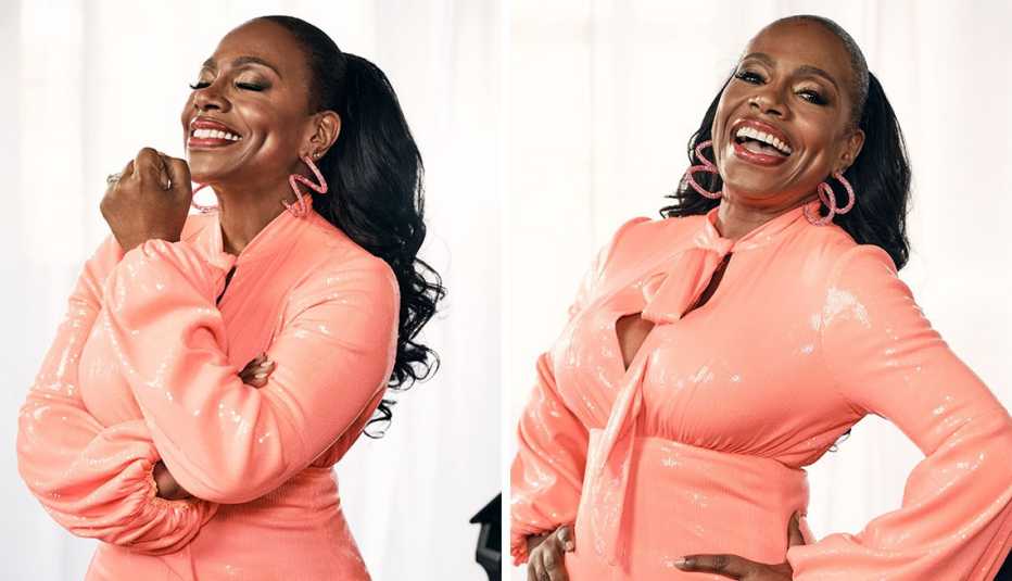 sheryl lee ralph smiling and laughing in a peach sequined jumpsuit