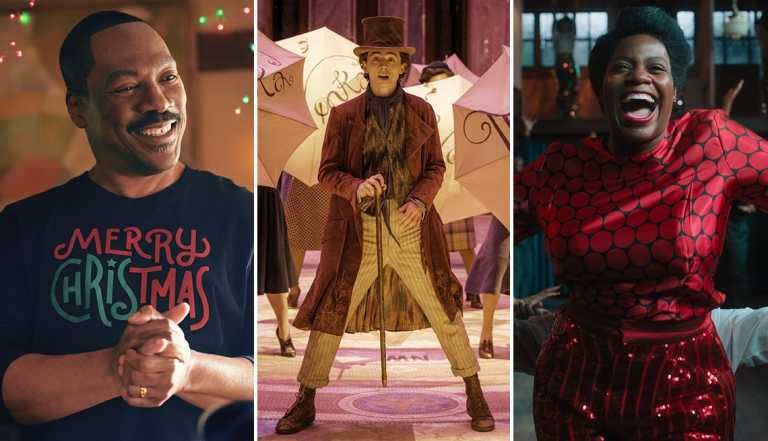 Eddie Murphy stars in "Candy Cane Lane," Timothée Chalamet stars as Willy Wonka in "Wonka" and Fantasia Barrino stars in "The Color Purple."