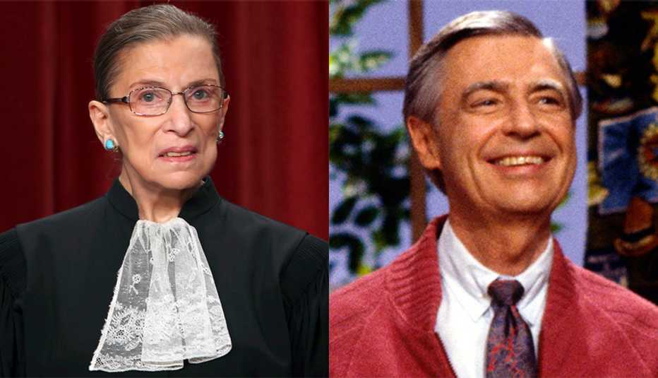 Two photos side-by-side: Justice Ruth Bader Ginsburg in her black robe, Mister Rogers in a red sweater. 