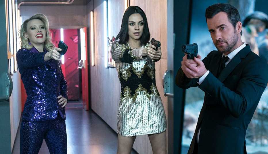 Morgan, Audrey and Drew holding guns in a scene from "The Spy Who Dumped Me."