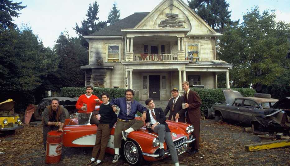 Bruce McGill Tim Matheson Peter Riegert John Belushi Tom Hulce Stephen Furst and James Widdoes in the 1978 film National Lampoons Animal House
