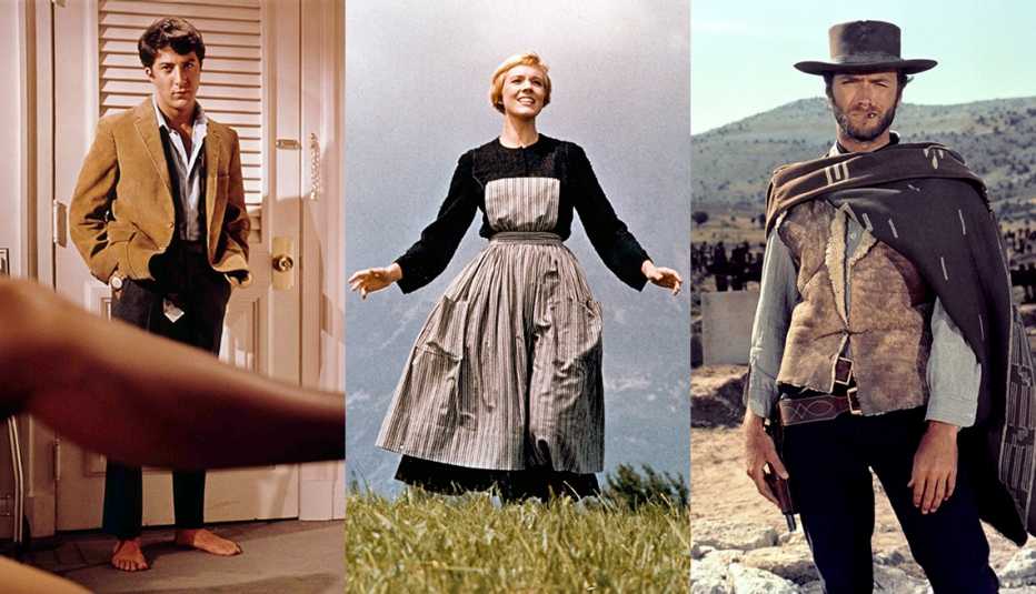 Side by side photos of Dustin Hoffman in The Graduate, Julie Andrews in The Sound of Music and Clint Eastwood in The Good The Bad and the Ugly
