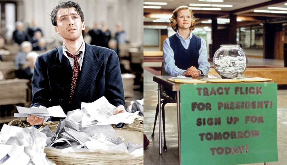 Side by side images of James Stewart in a scene from Mr. Smith Goes to Washington and Reese Witherspoon in the film Election