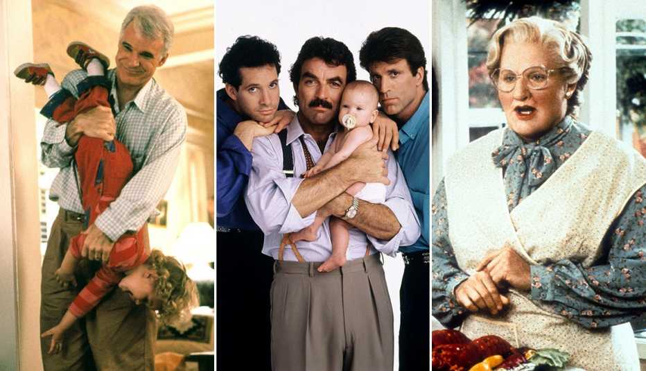 Steve Martin holding a child upside down in the film Parenthood; Steve Guttenberg, Tom Selleck and Ted Danson together holding a baby in Three Men and a Baby; Robin Williams stars in Mrs. Doubtfire