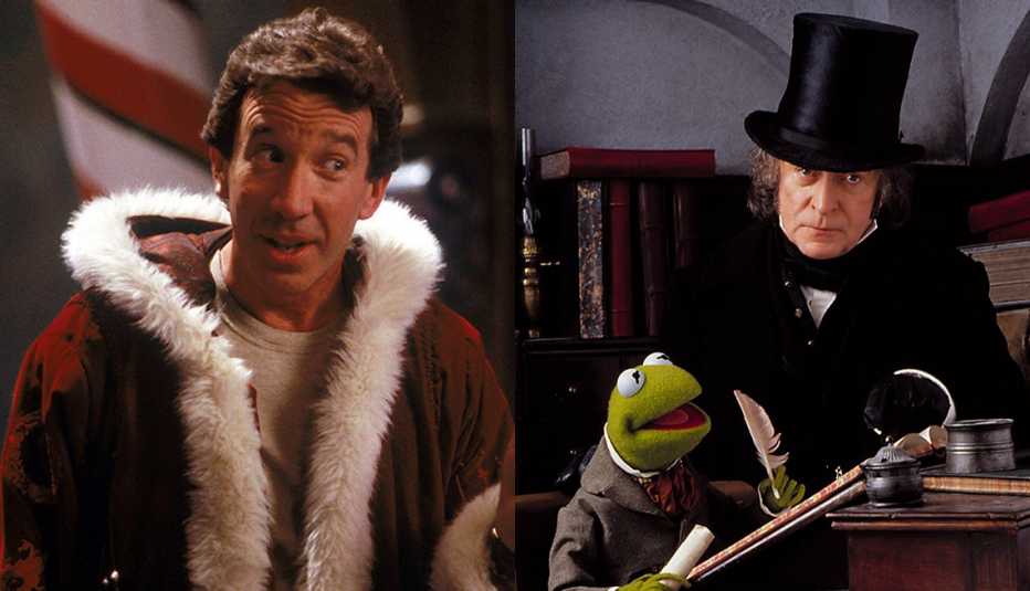 Side by side images of Tim Allen in The Santa Clause and Kermit the Frog and Michael Caine in The Muppet Christmas Carol