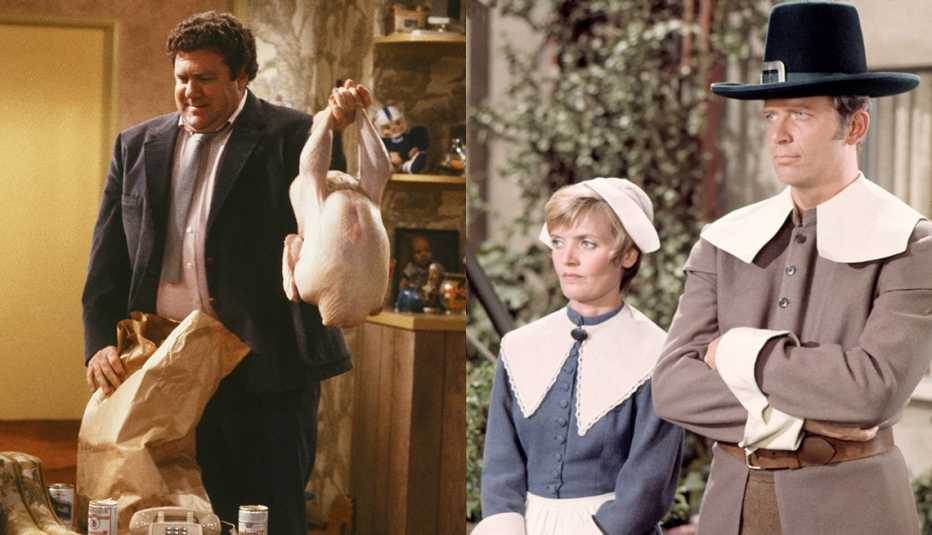 George Wendt holds a turkey in Cheers and Florence Henderson and Robert Reed wear pilgrim costumes in The Brady Bunch