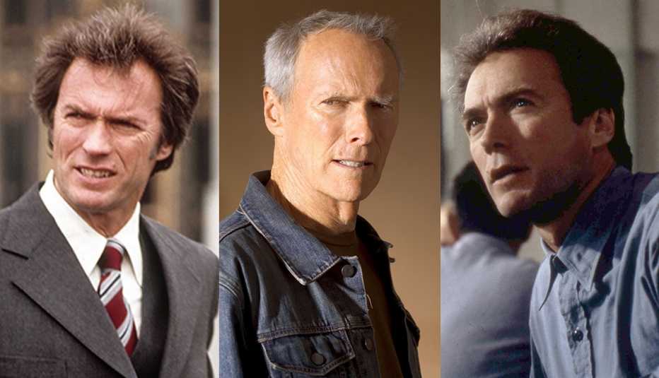 Side by side images of Clint Eastwood in the films Dirty Harry Million Dollar Baby and Escape From Alcatraz