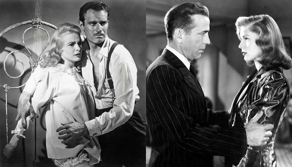 Janet Leigh and Charlton Heston star in the film Touch of Evil and Humphrey Bogart and Lauren Bacall star in the film The Big Sleep