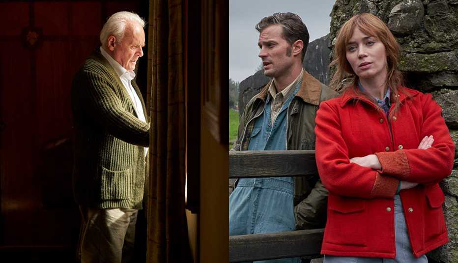 Side by side images of Anthony Hopkins in The Father and Jamie Dornan and Emily Blunt starring in Wild Mountain Thyme
