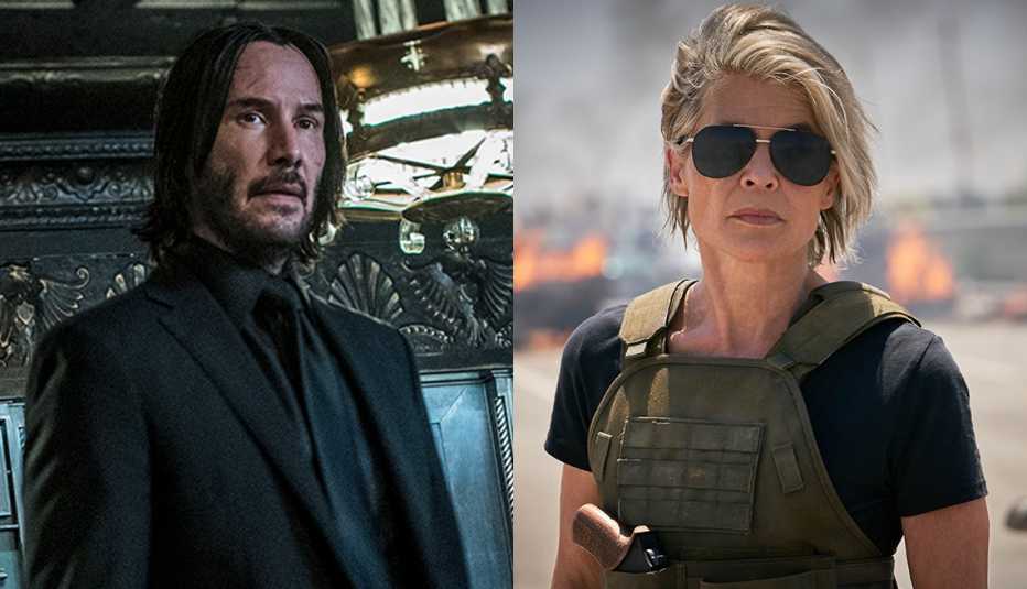 Keanu Reeves as John Wick in John Wick: Chapter 3 — Parabellum and Linda Hamilton as Sarah Connor in Terminator: Dark Fate