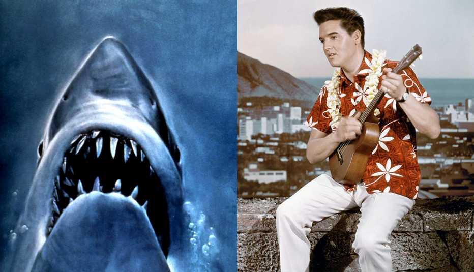 Promotional art from Jaws and Elvis Presley playing a ukulele in Blue Hawaii