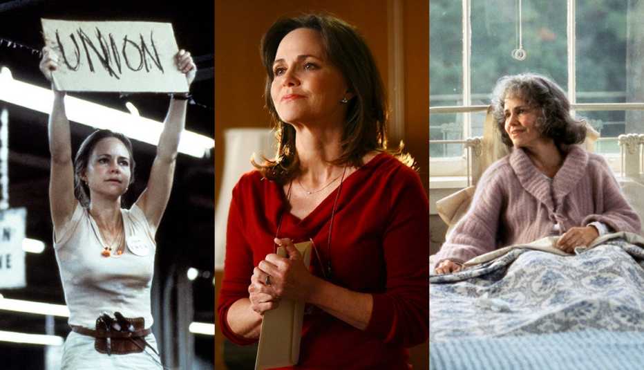 Side by side images of Sally Field in scenes from Norma Rae, Brothers and Sisters and Forrest Gump