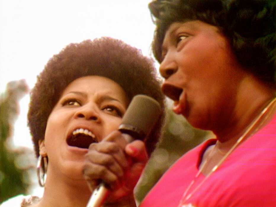 Mavis Staples and Mahalia Jackson sing together at the Harlem Cultural Festival in 1969