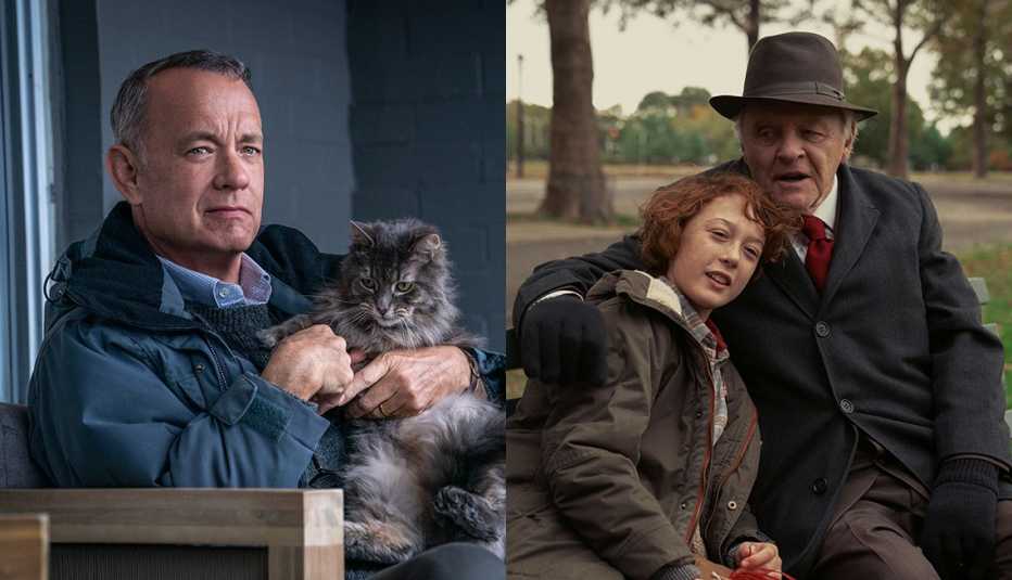 Tom Hanks holding a cat in the film A Man Called Otto and Michael Banks Repeta and Anthony Hopkins in Armageddon Time