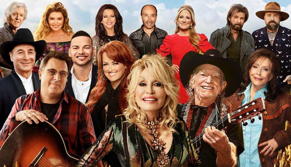 coutry music stars collage featuring dolly parton willie nelson loretta lynn and many others
