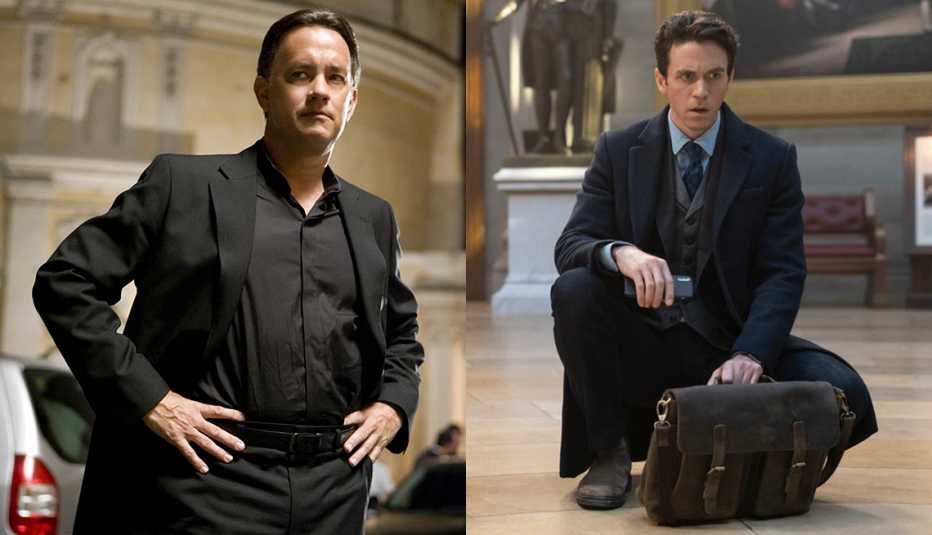 Tom Hanks as Robert Langdon in the film Angels and Demons and Ashley Zukerman as Robert Langdon in the Peacock series The Lost Symbol
