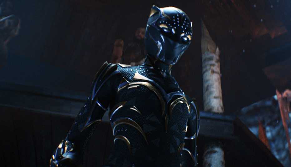 A person in the Black Panther suit in a scene from the film Black Panther: Wakanda Forever