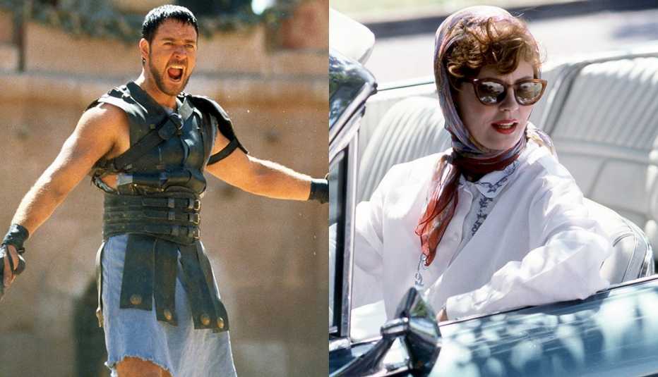 Russell Crowe holds a sword in a scene from Gladiator and Susan Sarandon sits in a blue convertible car in Thelma and Louise