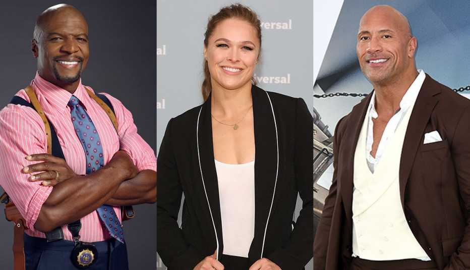 Side by side images of Terry Crews, Ronda Rousey and Dwayne Johnson
