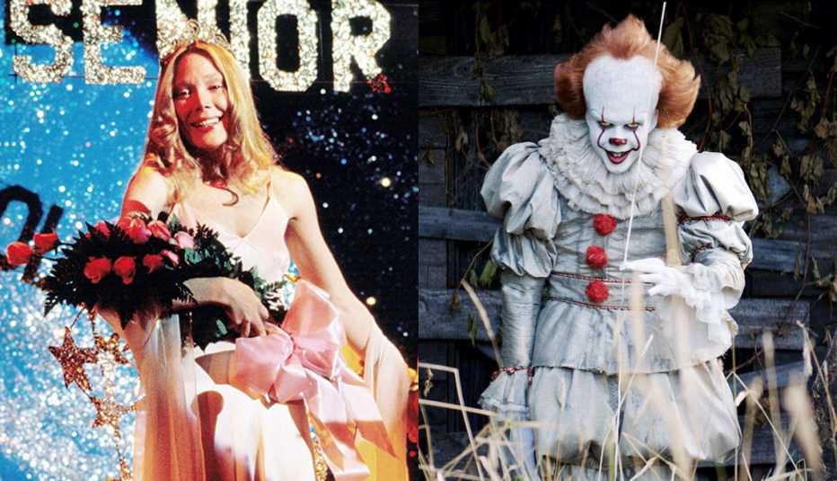 Sissy Spacek holds a bouquet of flowers in the film Carrie and Bill Skarsgard stars as Pennywise in the film It